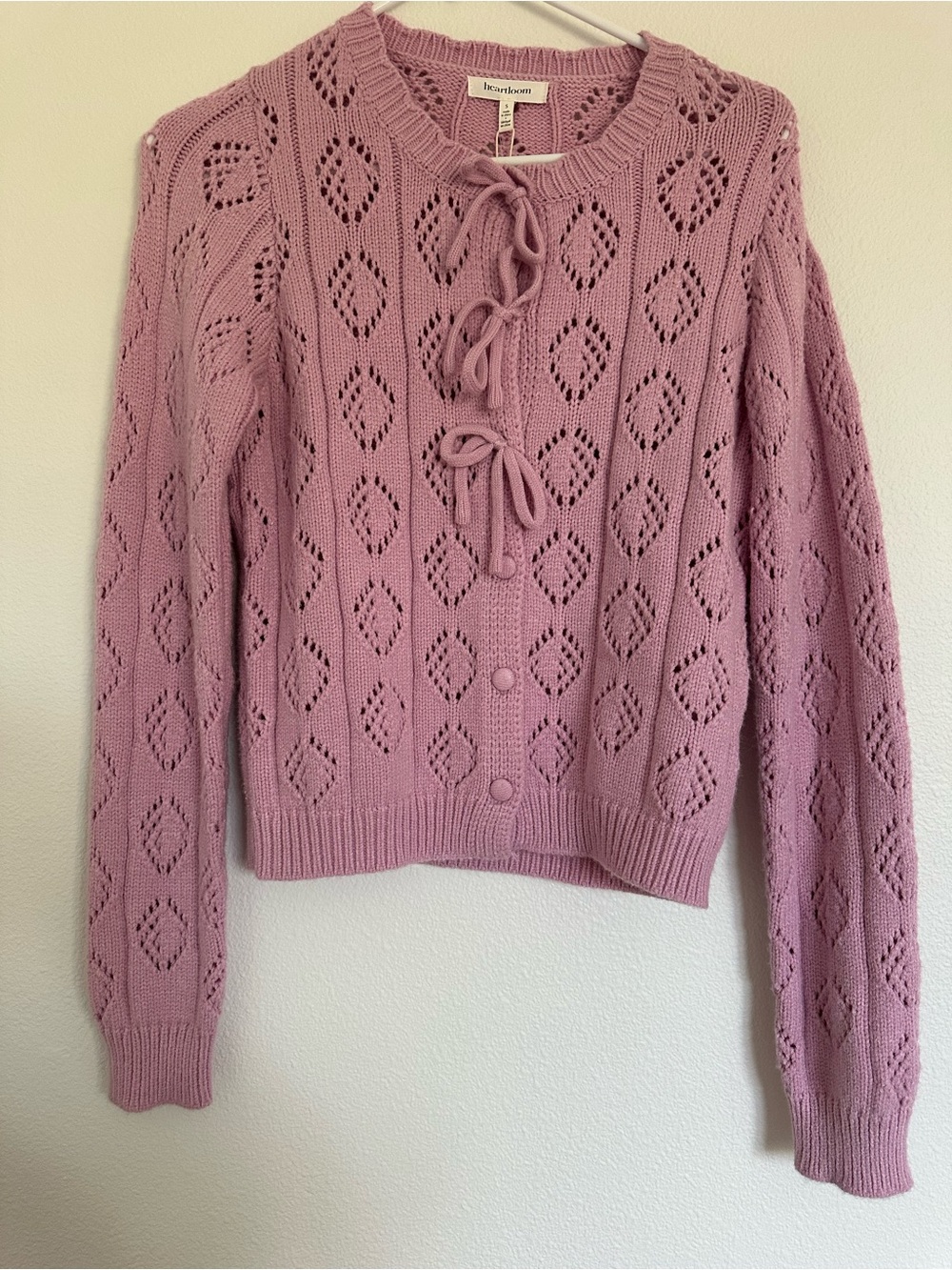 Lace-Up Pointelle Cardigan Sweater - Mauve Pink